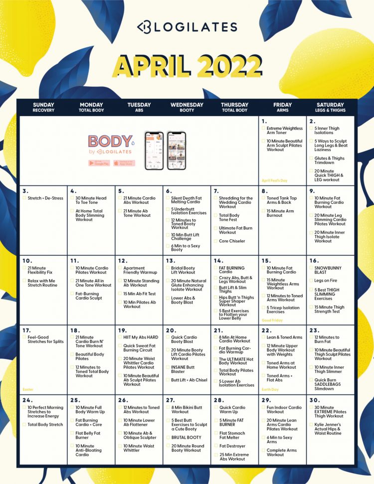 blogilates april workout calendar 2022