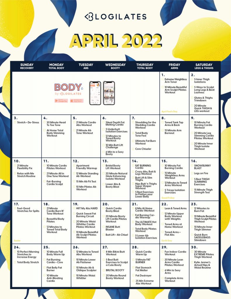 blogilates april workout calendar 2022