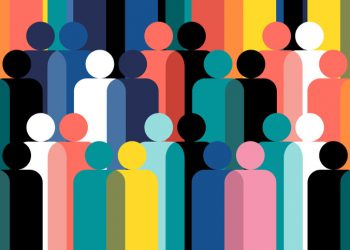 Geometric multicolored human figures; concept is gender diversity