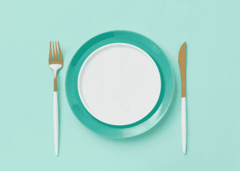 blue background with plate and fork