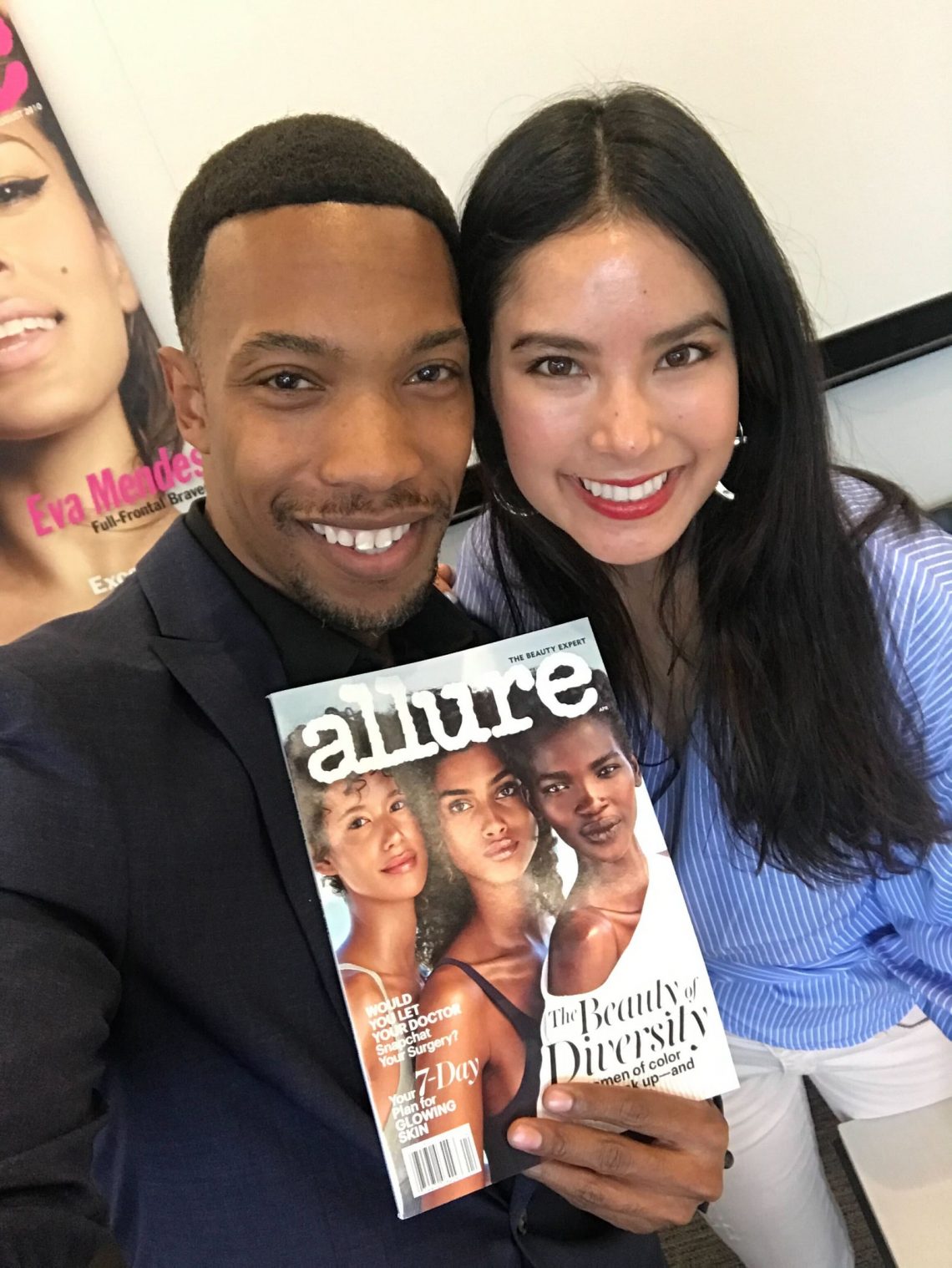 Makeup artist AJ Crimson and Allure editor Jessica Chia at the Allure offices in April 2017 celebrating the Beauty of...