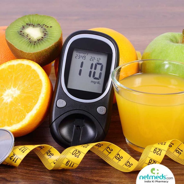 Fruits, Juice and glucometer