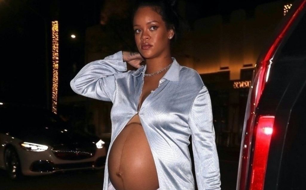 Rihanna Dines at Wally’s in a Silver Look, Including a Vintage Alaia Long Silk Top, Alexander Wang Cotton Shorts, and Nike x Cactus Plant FleaMarket Sneakers