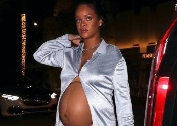 Rihanna Dines at Wally’s in a Silver Look, Including a Vintage Alaia Long Silk Top, Alexander Wang Cotton Shorts, and Nike x Cactus Plant FleaMarket Sneakers