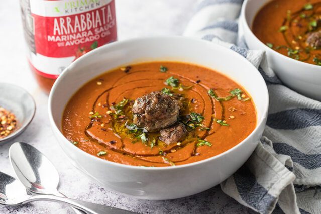 tomato soup with spicy meatballs recipe finished in a bowl