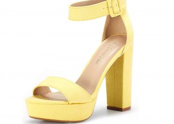 A single, yellow show with a chunky heel and ankle strap.