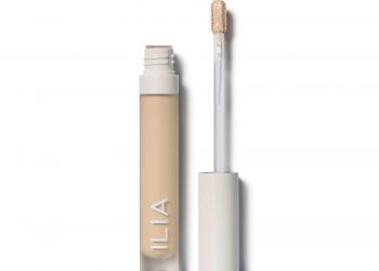 Ilia True Skin Serum Concealer tube of concealer with white wand and cap on white background