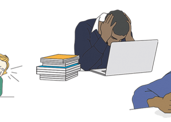 Images shows 1) a frustrated woman talking on the phone while holding a crying baby, 2) a stressed out-looking man, hands on head as he leans over his laptop, and 3) a women sleeping at a desk with her hand on a cup of coffee. They're the embodiment of stressed, overwhelmed, and exhausted.