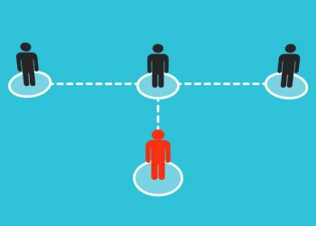 A red figure standing in a white circle connected to a white circle with a black figure, who is connected to circles with two other black figures; the concept of how infection spreads