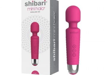 Shibari Mini Halo Plus fuchsia vibrator with box on white background