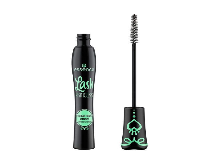 An essence mascara bottle and applicator side-by-side on a white background.