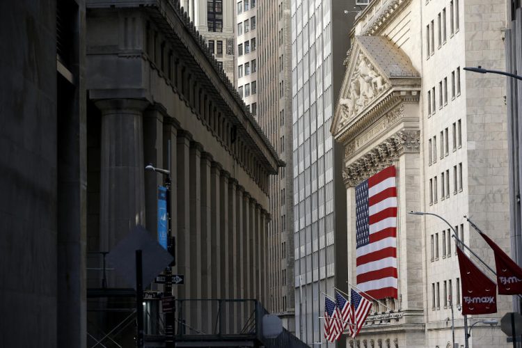 NEW YORK, NEW YORK - JULY 03: American Flags hang from the NYSE during Independence Day weekend on July 03, 2022 in New York City. (Photo by John Lamparski/Getty Images)