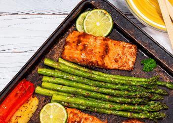 sheet pan with cooked food on top