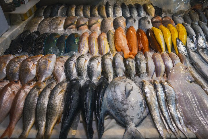 An array of fresh, whole, multicolored fish on a bed of ice at a market: silvery, orange, yellow, pink, and multihued fish