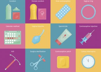 Colorful squares with images of different forms of birth control, such as birth control pills, IUD, and condoms