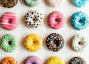 top view of colorful donuts