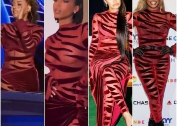 Lori Harvey is the Latest Name of Many to Rock LaQuan Smith’s Burgundy Velvet Tiger Stripes As Worn by Mel B, Laverne Cox and Leigh-Anne Pinnock