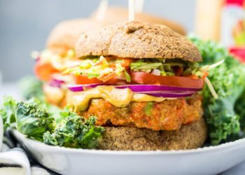 Salmon burger on white plate