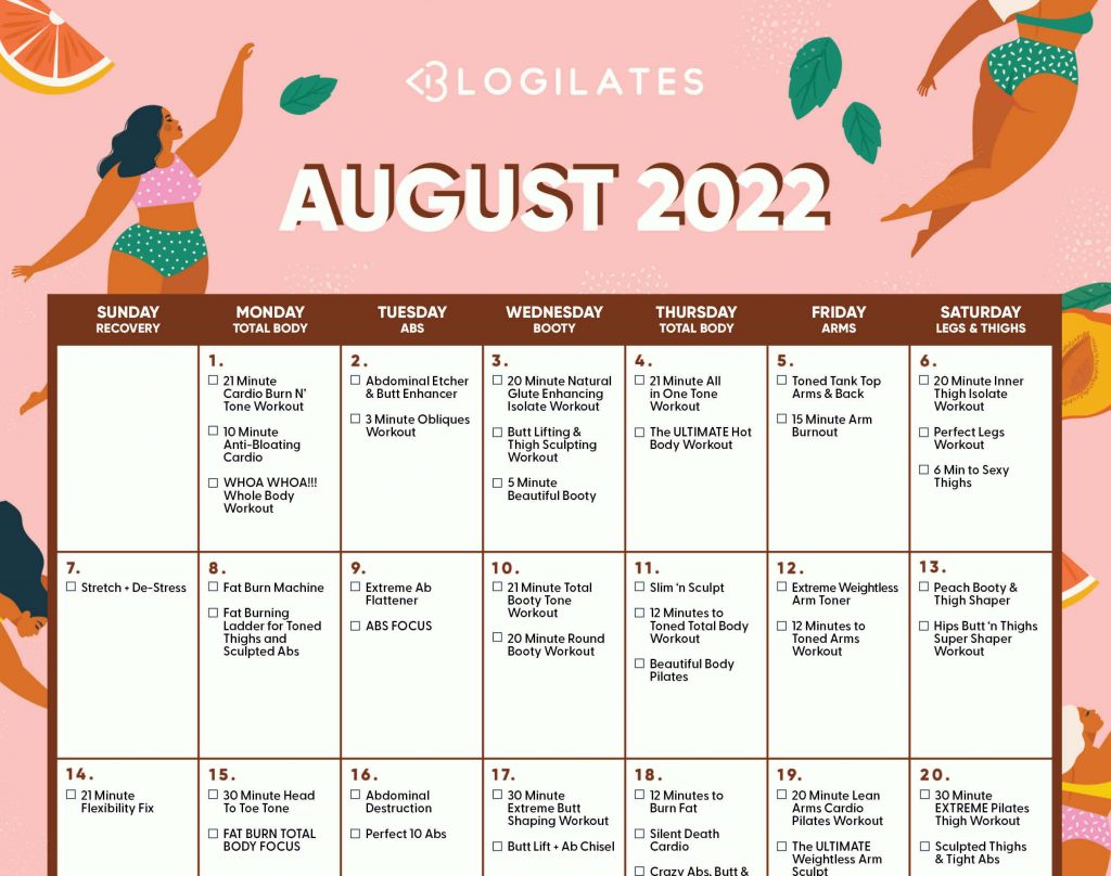 The Blogilates August 2022 Workout Calendar!