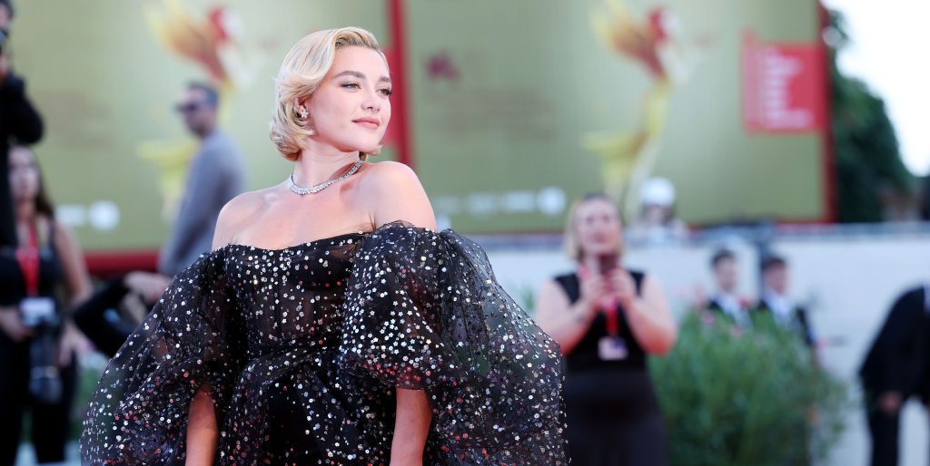 Florence Pugh Wears Off-the-Shoulder Body Suit to Venice Film Festival Premiere of 'Don't Worry Darling'