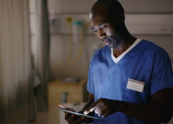 Medical professional working late