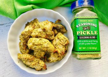 air fryer dill chicken bites with trader joe's in a pickle seasoning and dill pickle mustard