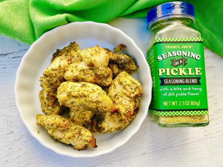 air fryer dill chicken bites with trader joe's in a pickle seasoning and dill pickle mustard