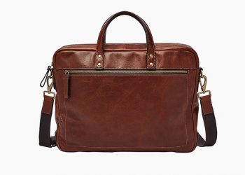 thursday boot co boots in brown, remington cordless beard trimmer, and a fossil brown leather briefcase on a white background