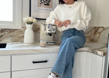 amazon home, espresso machine, les fleurs print, glass coffee mugs, white sweater, denim jeans, tan nikes, gold jewelry