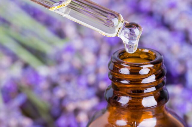 lavender oil in a glass bottle with lavender in the background
