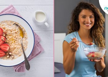 Oats and a woman eating oats