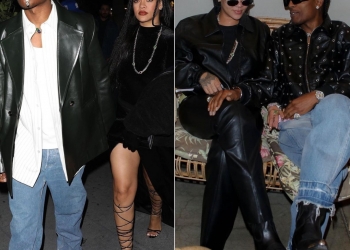 Rockstar Parents A$AP Rocky and Rihanna Coordinated Outfits in Leather Celine, Rick Owens and Bottega Veneta