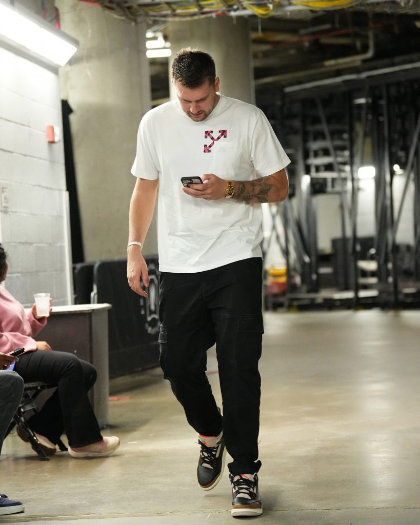 Luka Doncic 77 of the Dallas Mavericks arrives to the arena before the game against the Utah Jazz