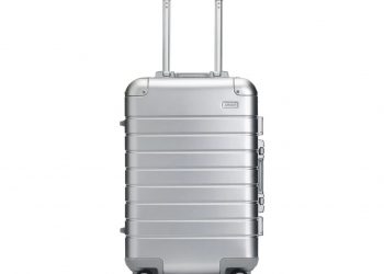 Away The Bigger Carry-On: Aluminum Edition silver suitcase on white background