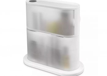 Polder Two Tier Swivel Base Bath Storage two-tier white storage container on white background