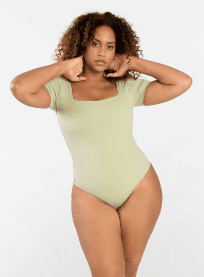 Square Neck Short Sleeve Thong Bodysuit